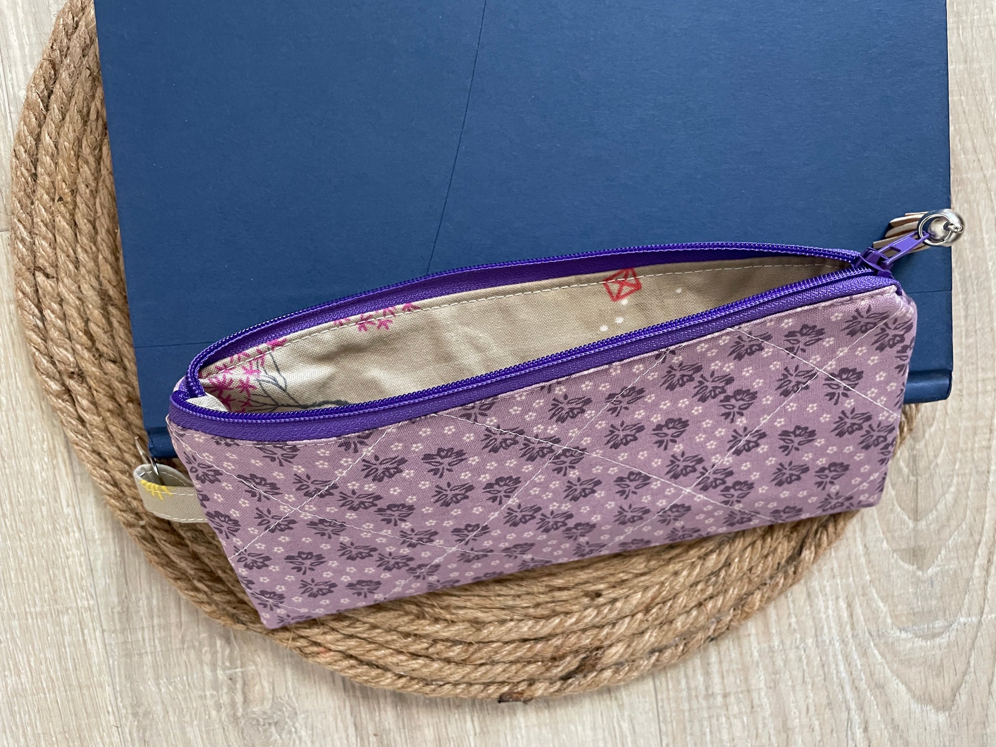 Purple ditzy floral eyewear case made with vintage‑inspired Lori Holt Calico Days fabric.”