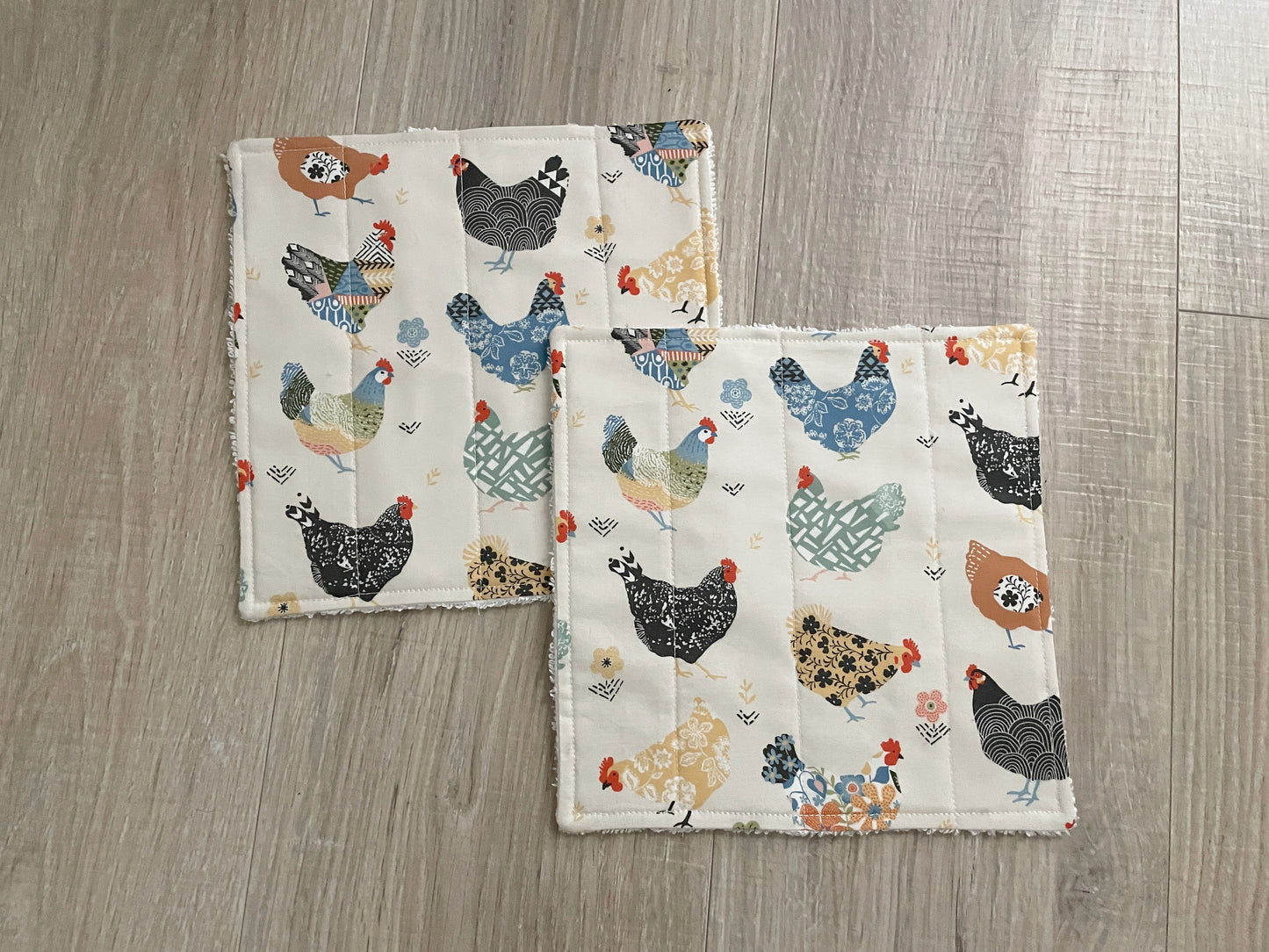 Handmade Quilted Cotton Dishcloths, Floral Chicken Set
