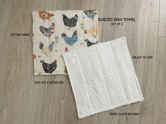 Handmade Quilted Cotton Dishcloths, Floral Chicken Set