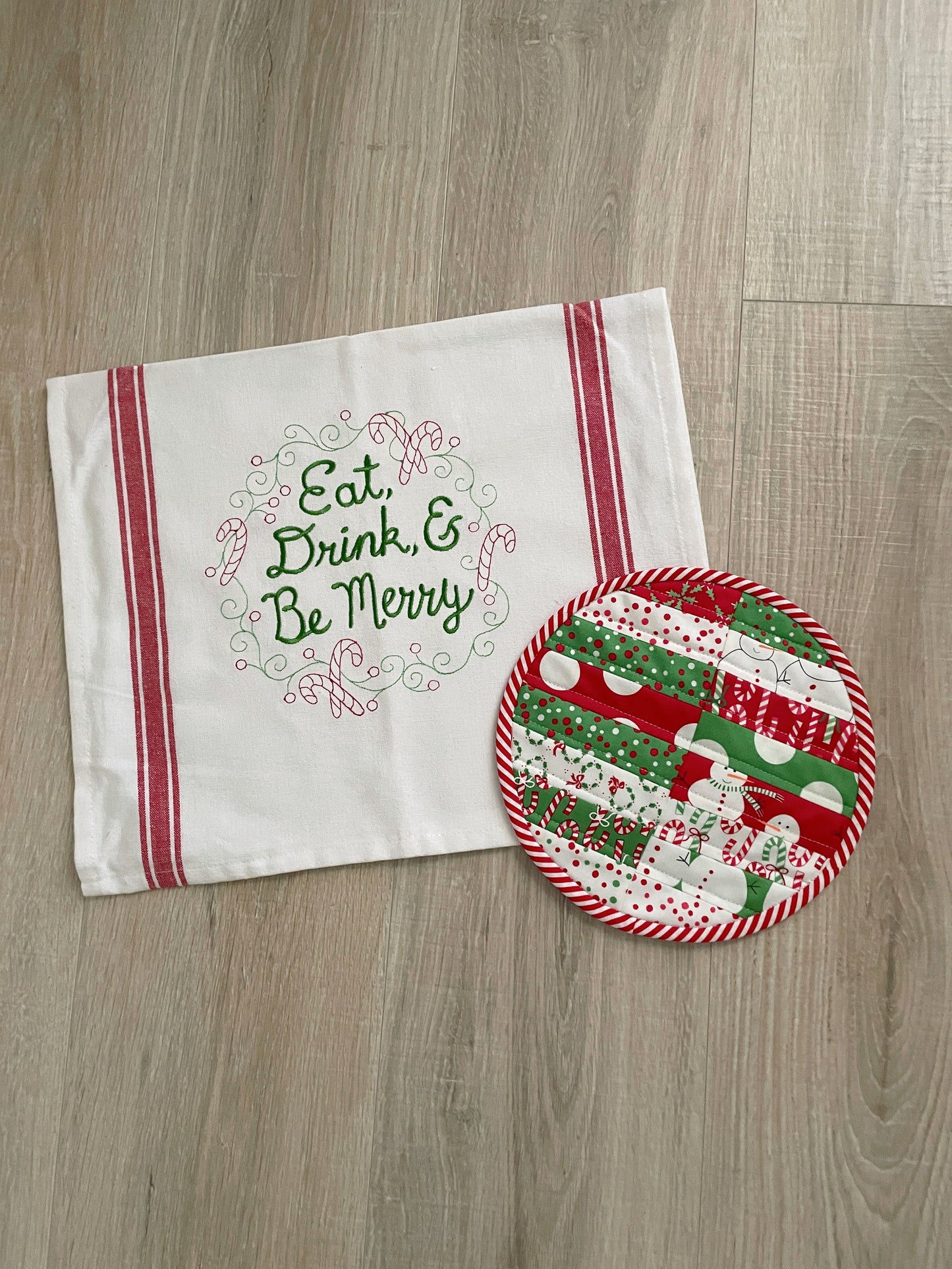 Embroidered Holiday Kitchen Towel/ Hot Pad Gift, Christmas Gift Set