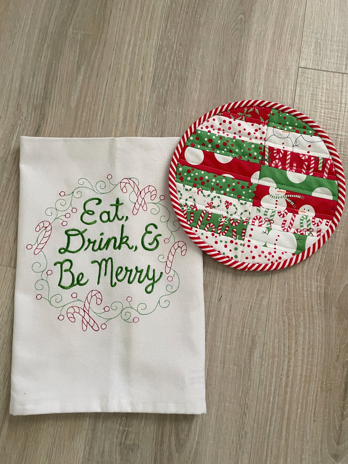 Embroidered Holiday Kitchen Towel/ Hot Pad Gift, Christmas Gift Set