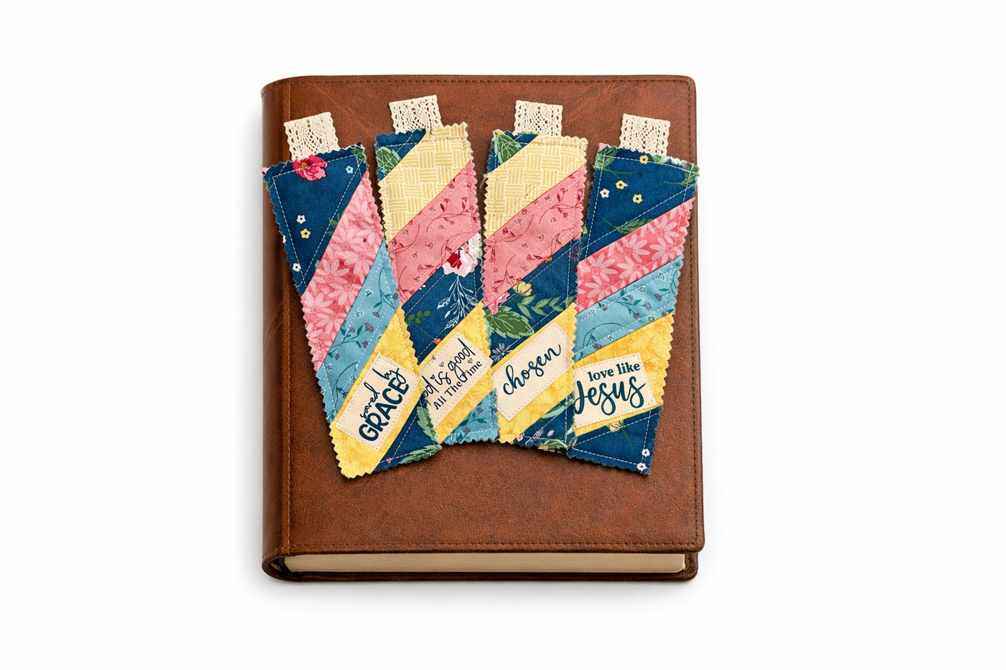 Handmade Quilted Scripture Bookmark Set – Scrappy Fabric with Stamped Bible Verses