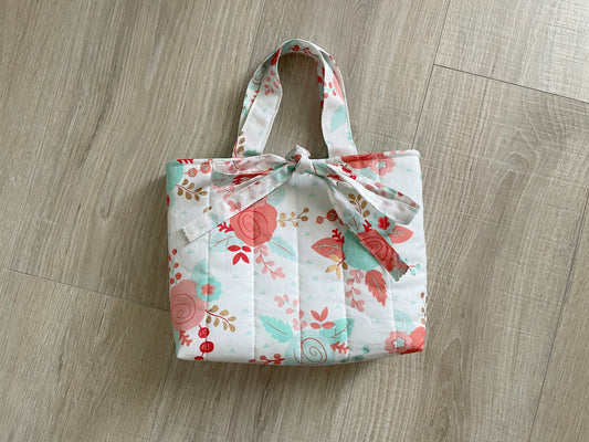 Quilted Mint and Peach Floral Bible Tote with Ties