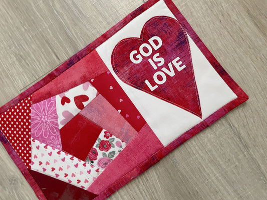 Christian Mug Rug Coaster, Quilted Mug Rug, God is Love, Faith Gift