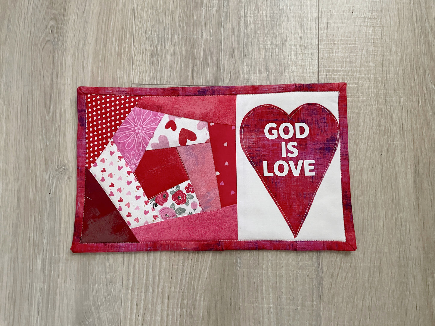 Quilted Mug Rug Coaster, Christian Desk Decor, God is Love