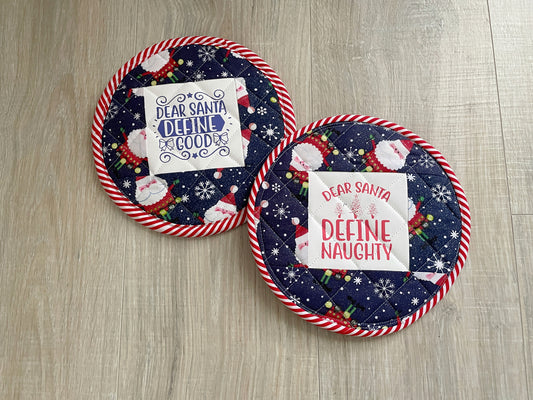 Quilted Christmas Potholders: Funny Santa Holiday Hot Pads - Set of 2