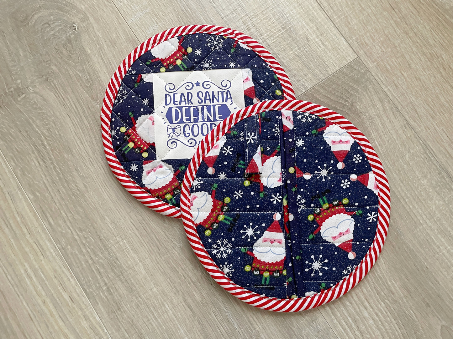 Quilted Christmas Potholders: Funny Santa Holiday Hot Pads - Set of 2
