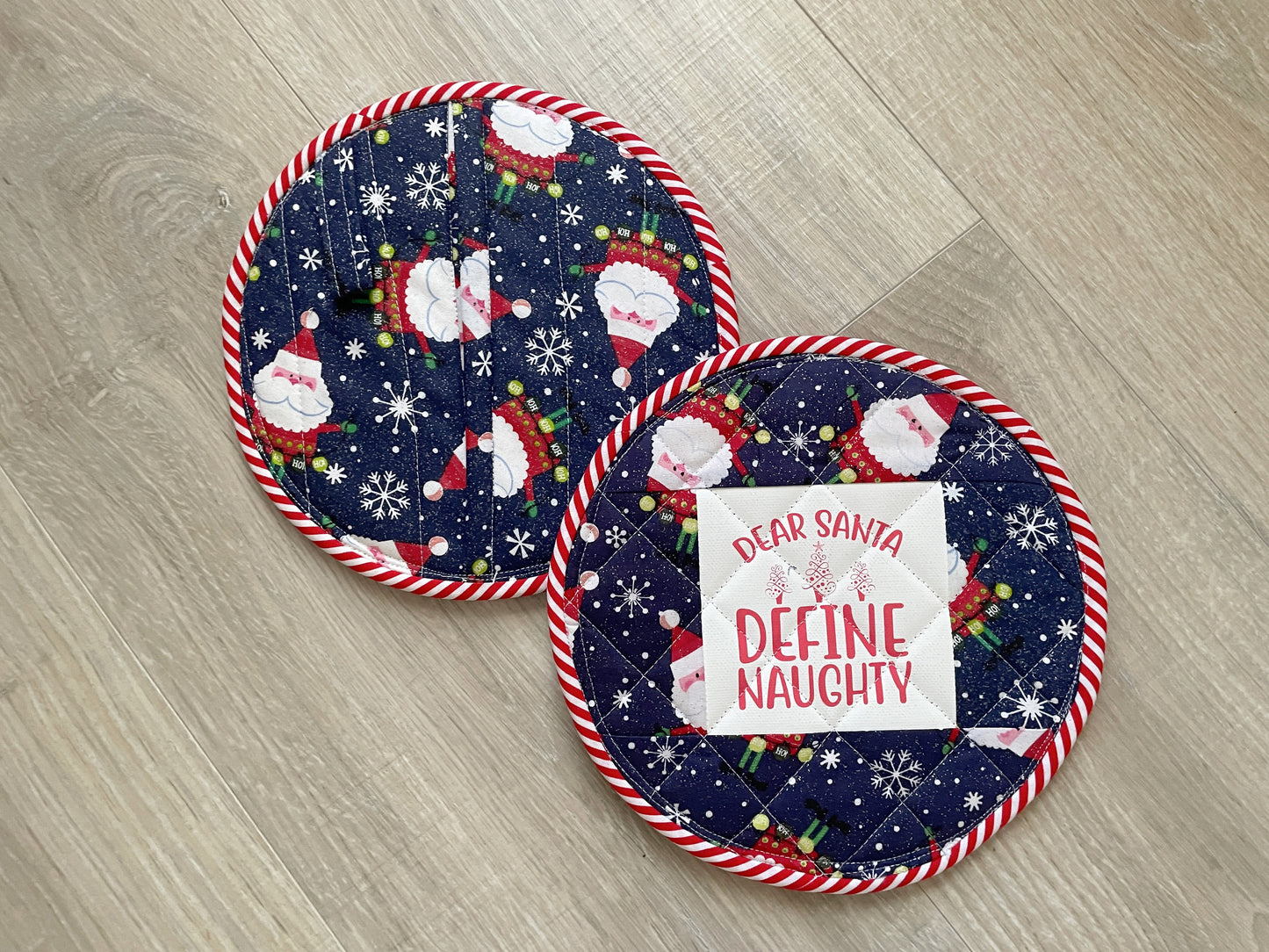 Quilted Christmas Potholders: Funny Santa Holiday Hot Pads - Set of 2