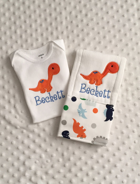 Dinosaur Theme Baby Boy Gift Set - Personalized Bodysuit and Matching Burp Cloth