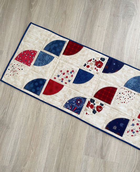 Patriotic Quilted Table Runner, Modern Handmade Red White, and Blue Décor