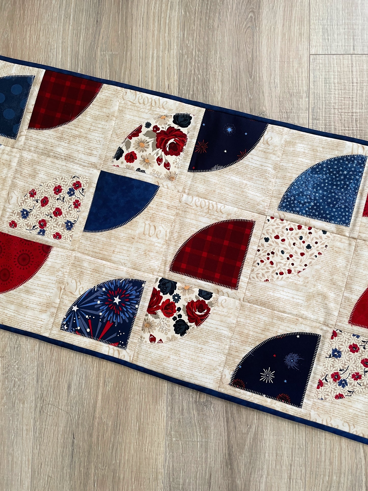 Patriotic Quilted Table Runner, Modern Handmade Red White, and Blue Décor