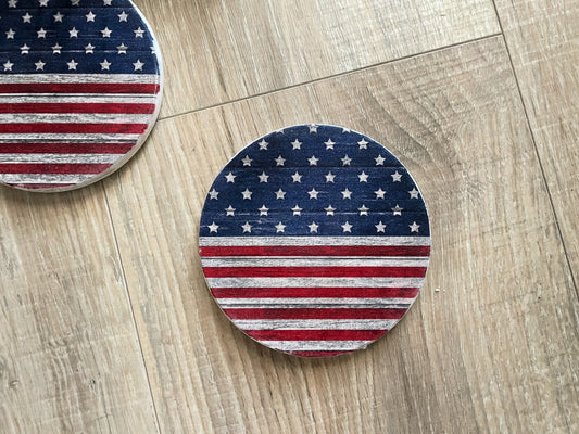 Rustic American Flag Coaster Set with Holder