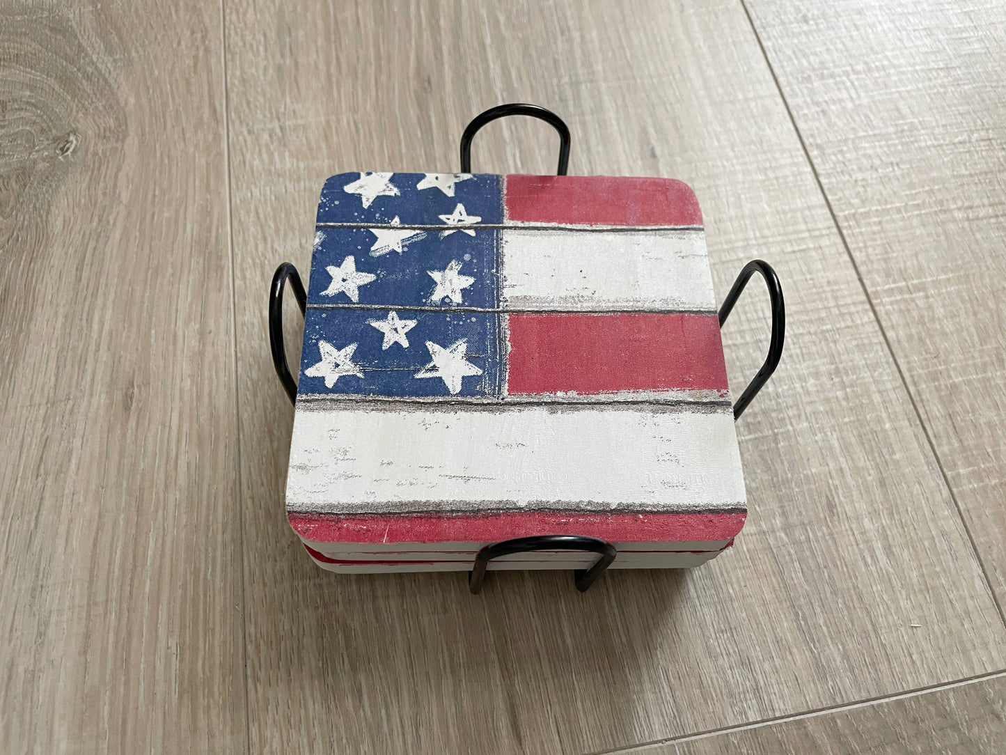 Square American Flag Coaster Set | Rustic Patriotic Wooden Coasters