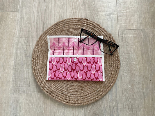 Pink and Red Eyeglass Case – Handmade Padded Glasses Sleeve with Snap Button Closure
