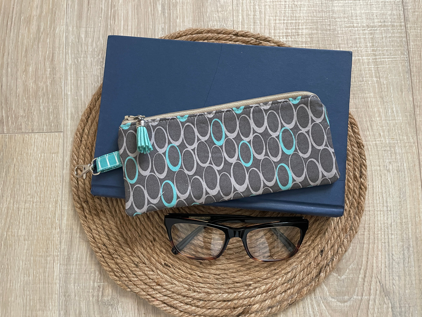 Aqua and Gray Retro Ovals Eyewear Case – Handmade Zipper Pouch with Leather Tassel
