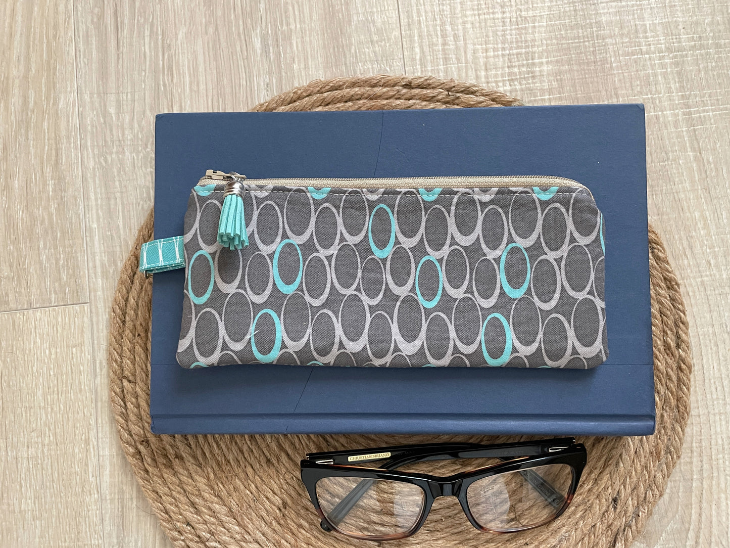 Aqua and Gray Retro Ovals Eyewear Case – Handmade Zipper Pouch with Leather Tassel