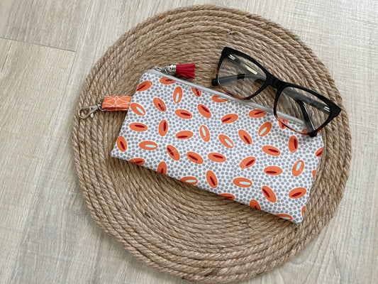 Gray and Orange Retro Dots Eyewear Case – Handmade Zipper Pouch with Leather Tassel