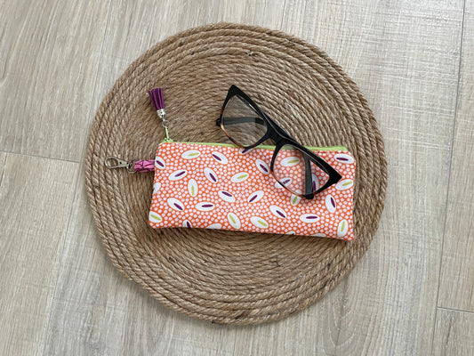 Orange and Green Retro Dots Eyewear Case – Handmade Zipper Pouch with Leather Tassel