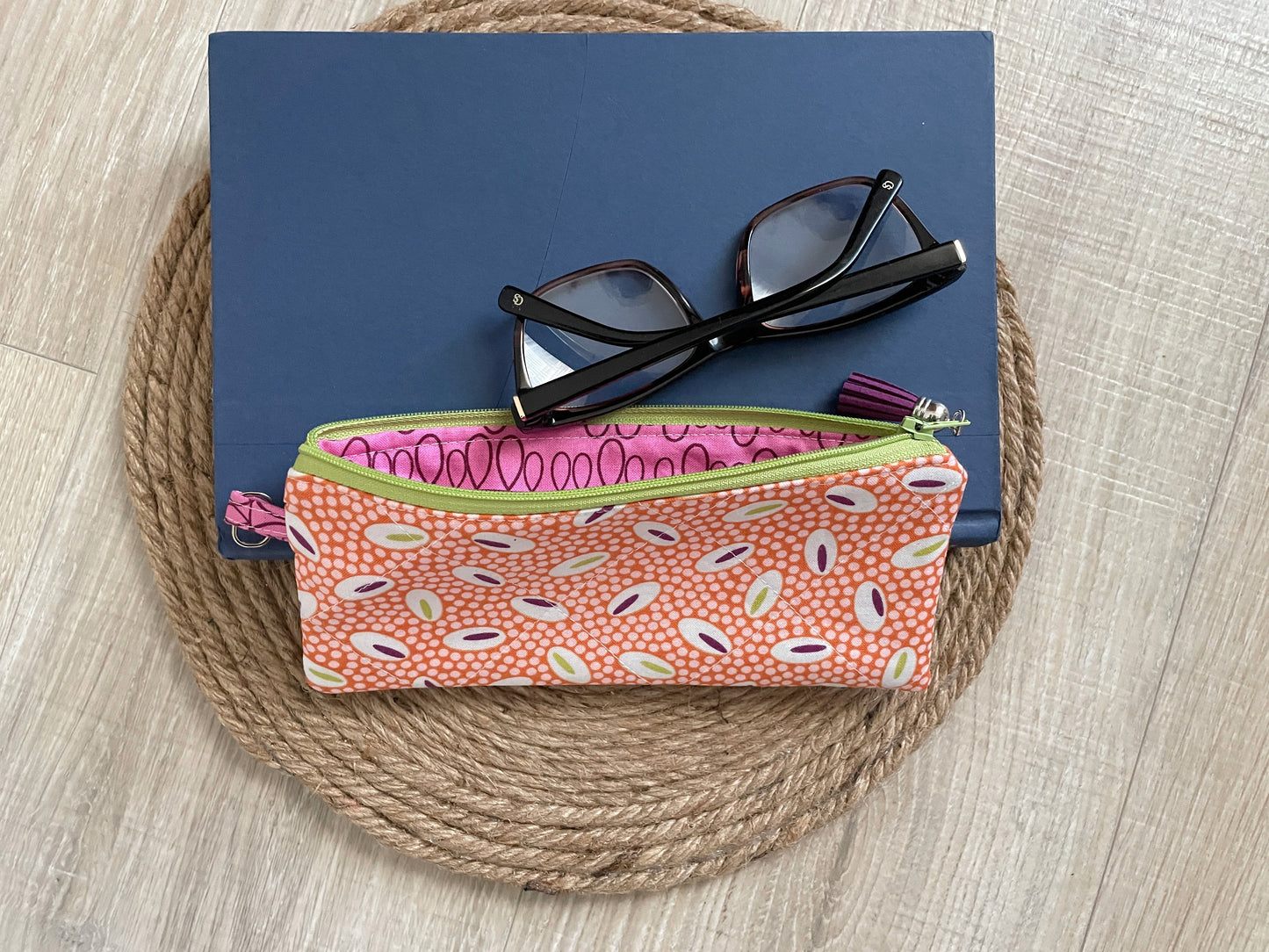 Orange and Green Retro Dots Eyewear Case – Handmade Zipper Pouch with Leather Tassel