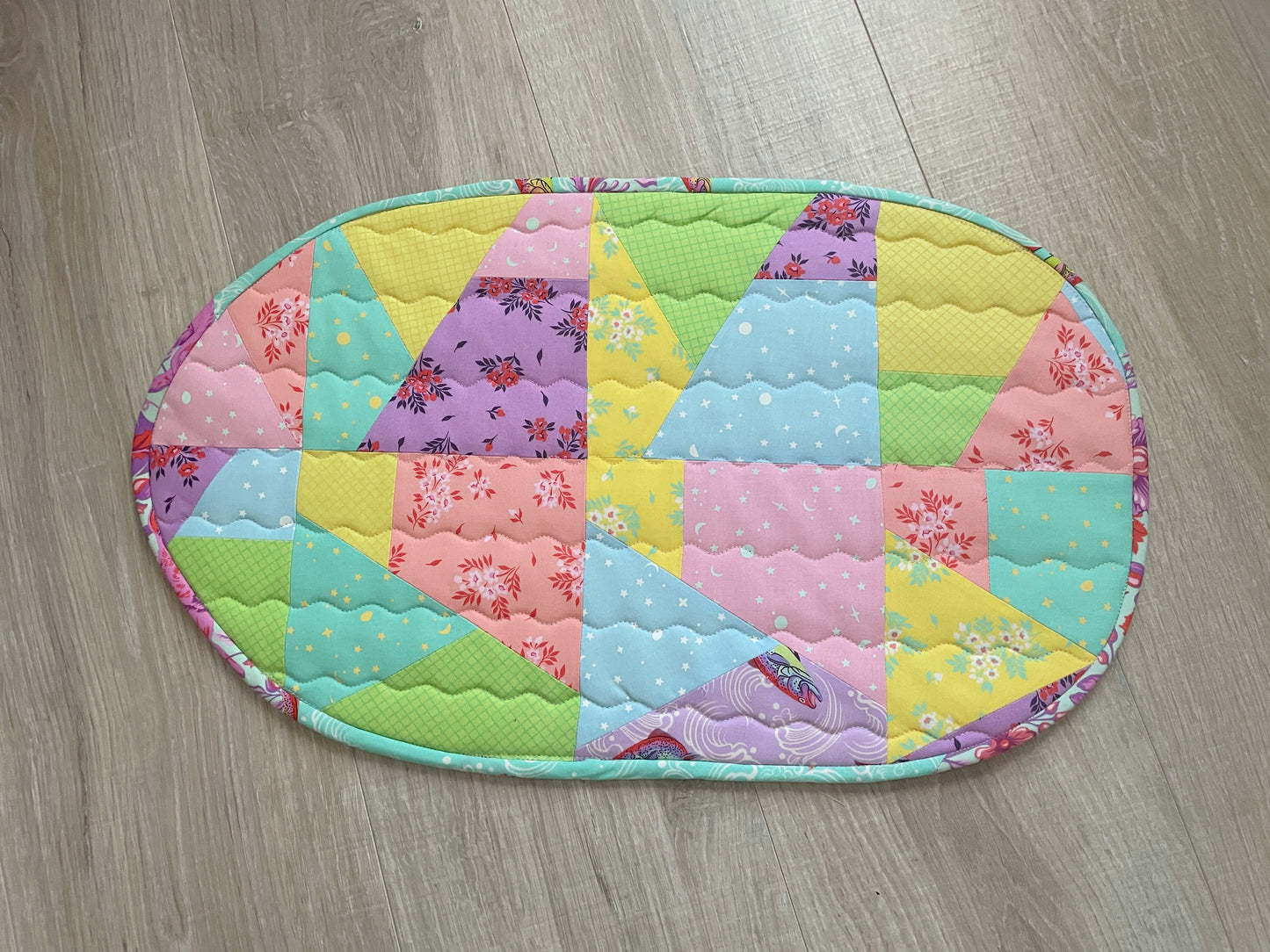Spring or Easter Quilted Casserole Hot Pad; Egg Shaped Scrappy Tabletop Decor