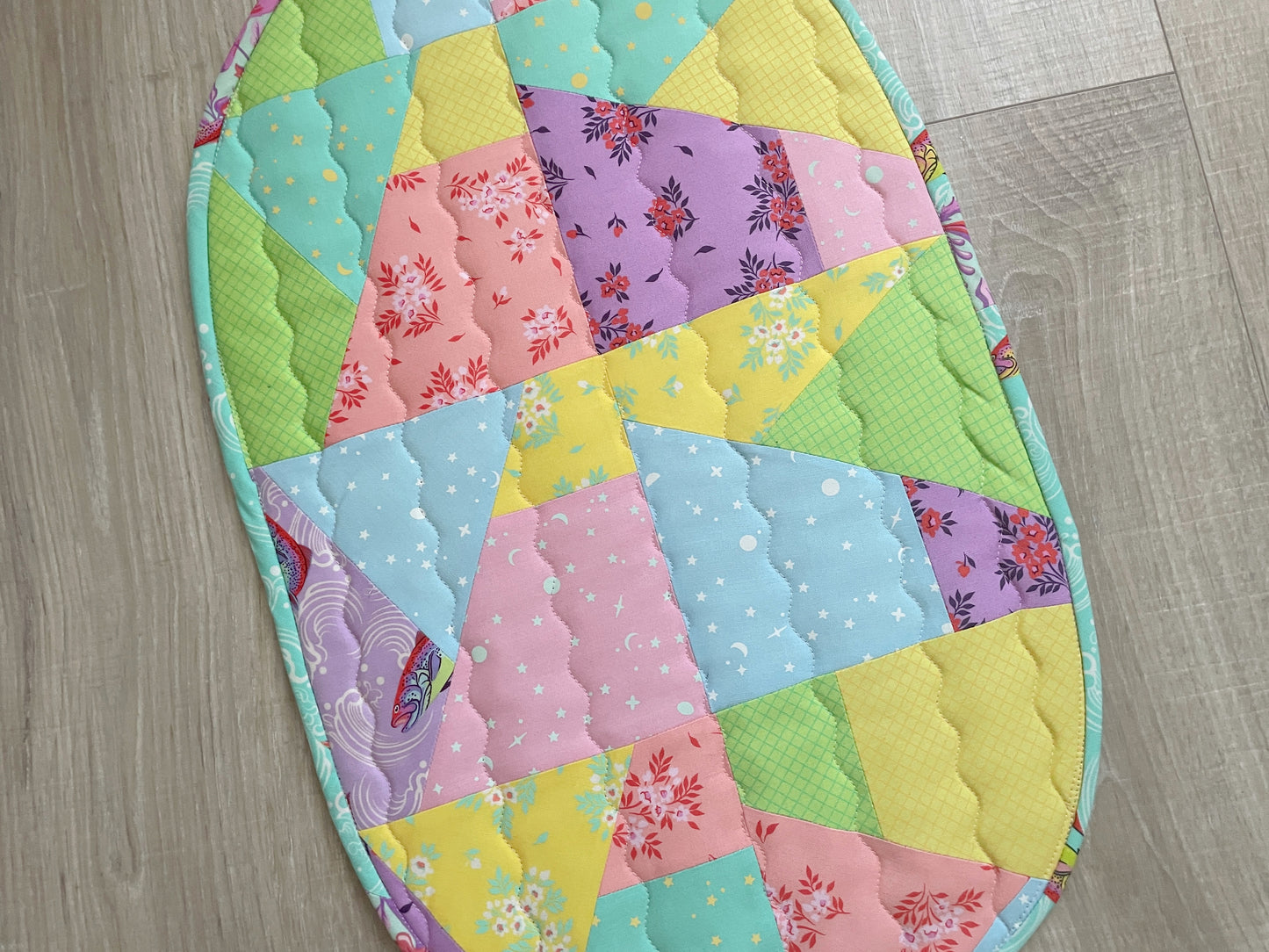 Spring or Easter Quilted Casserole Hot Pad; Egg Shaped Scrappy Tabletop Decor