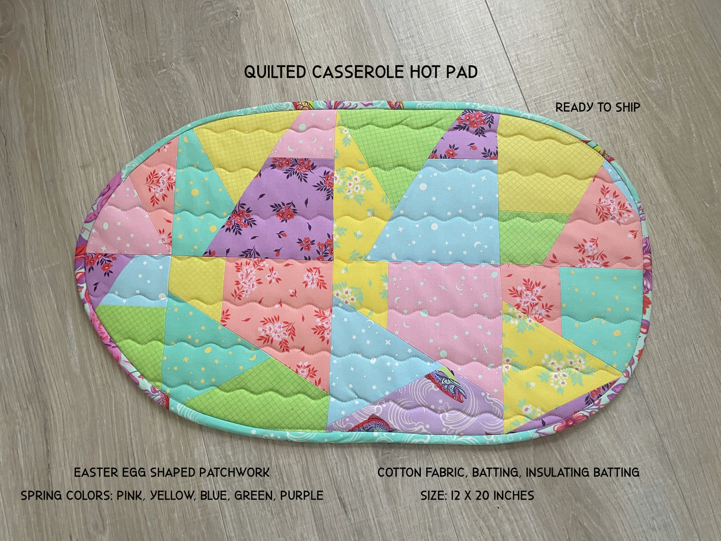 Spring or Easter Quilted Casserole Hot Pad; Egg Shaped Scrappy Tabletop Decor