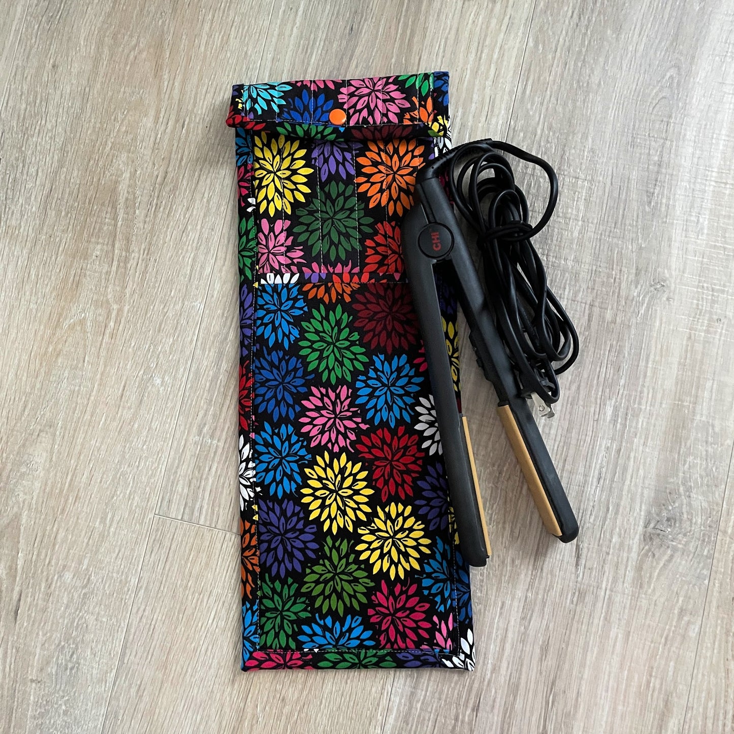 Handmade Flat Iron or Curling Iron Holder, Bright Flowers on Black