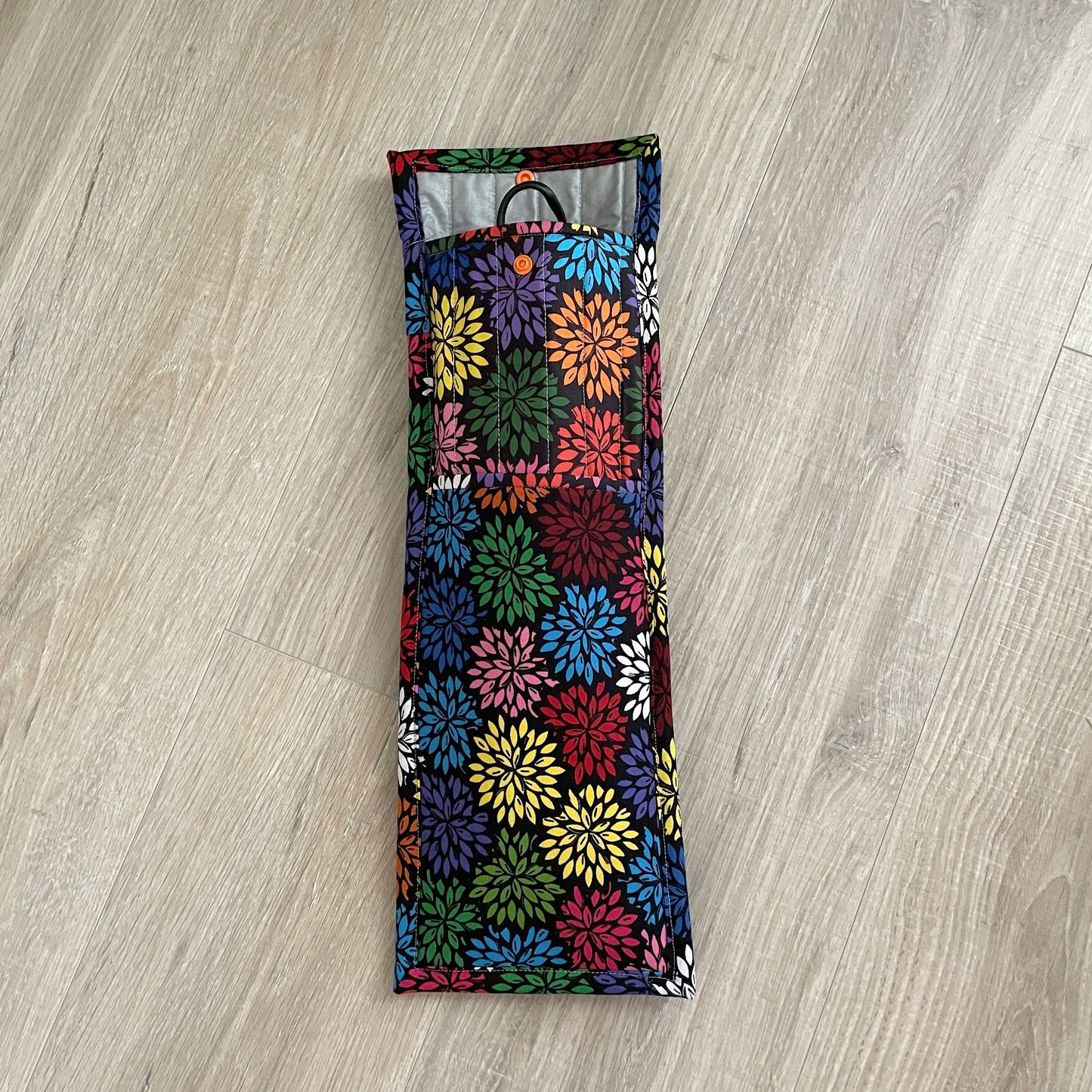 Handmade Flat Iron or Curling Iron Holder, Bright Flowers on Black