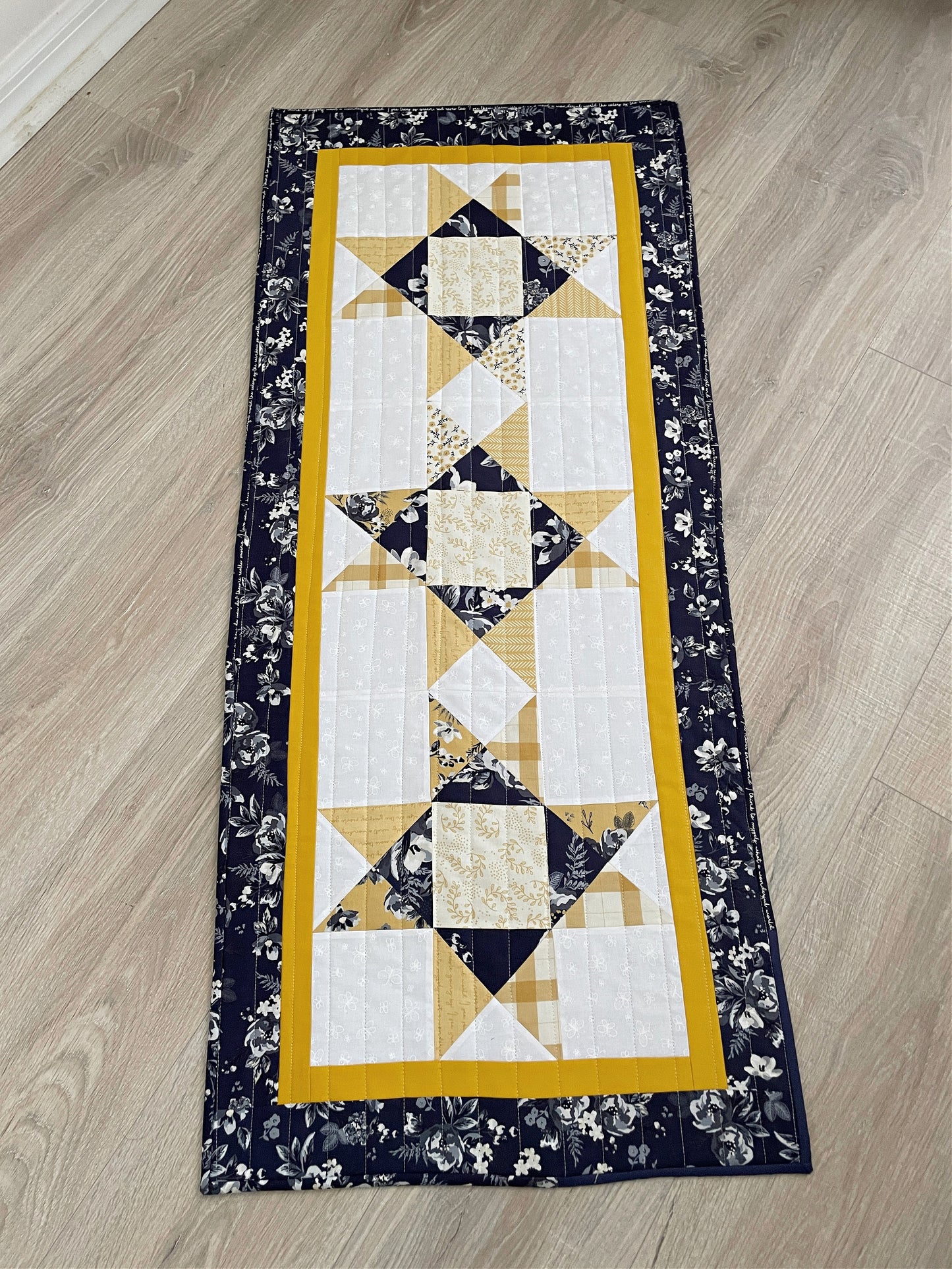 Handmade Quilted Table Runner in Blue, Yellow, White & Gray Colors