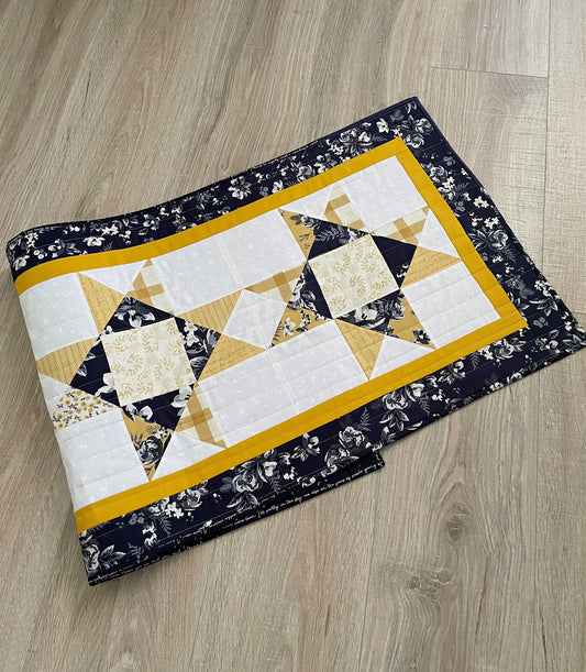 Quilted Table Runner, Simple Stars Table Decor, Blue, Yellow, White, and Gray Farmhouse Handmade Runner