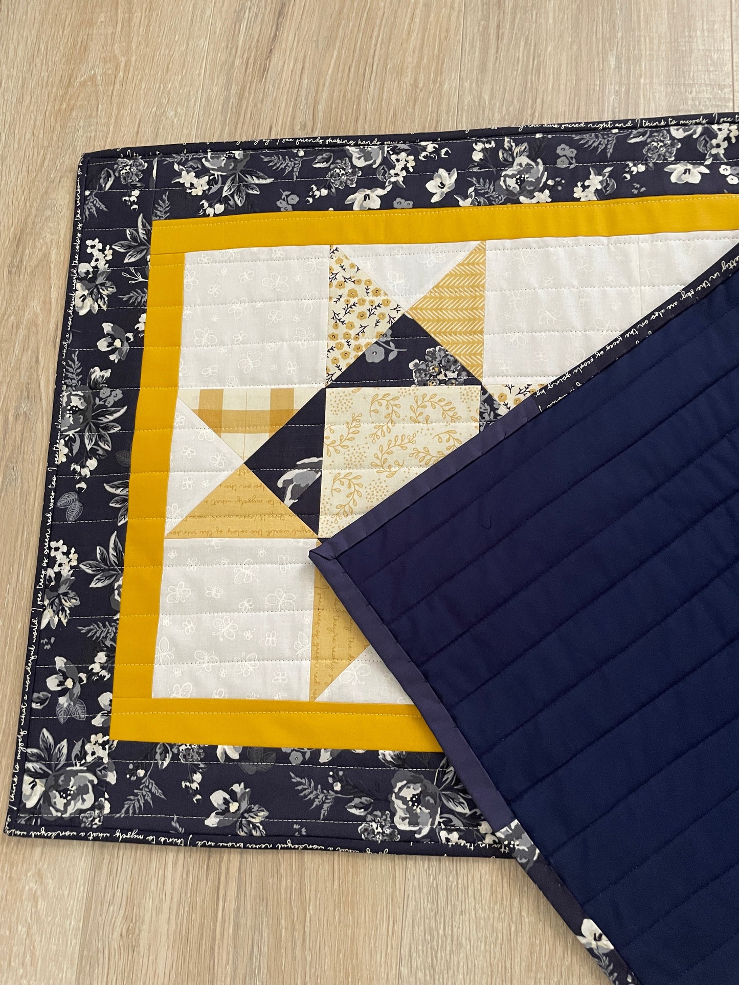 Handmade Quilted Table Runner in Blue, Yellow, White & Gray Colors