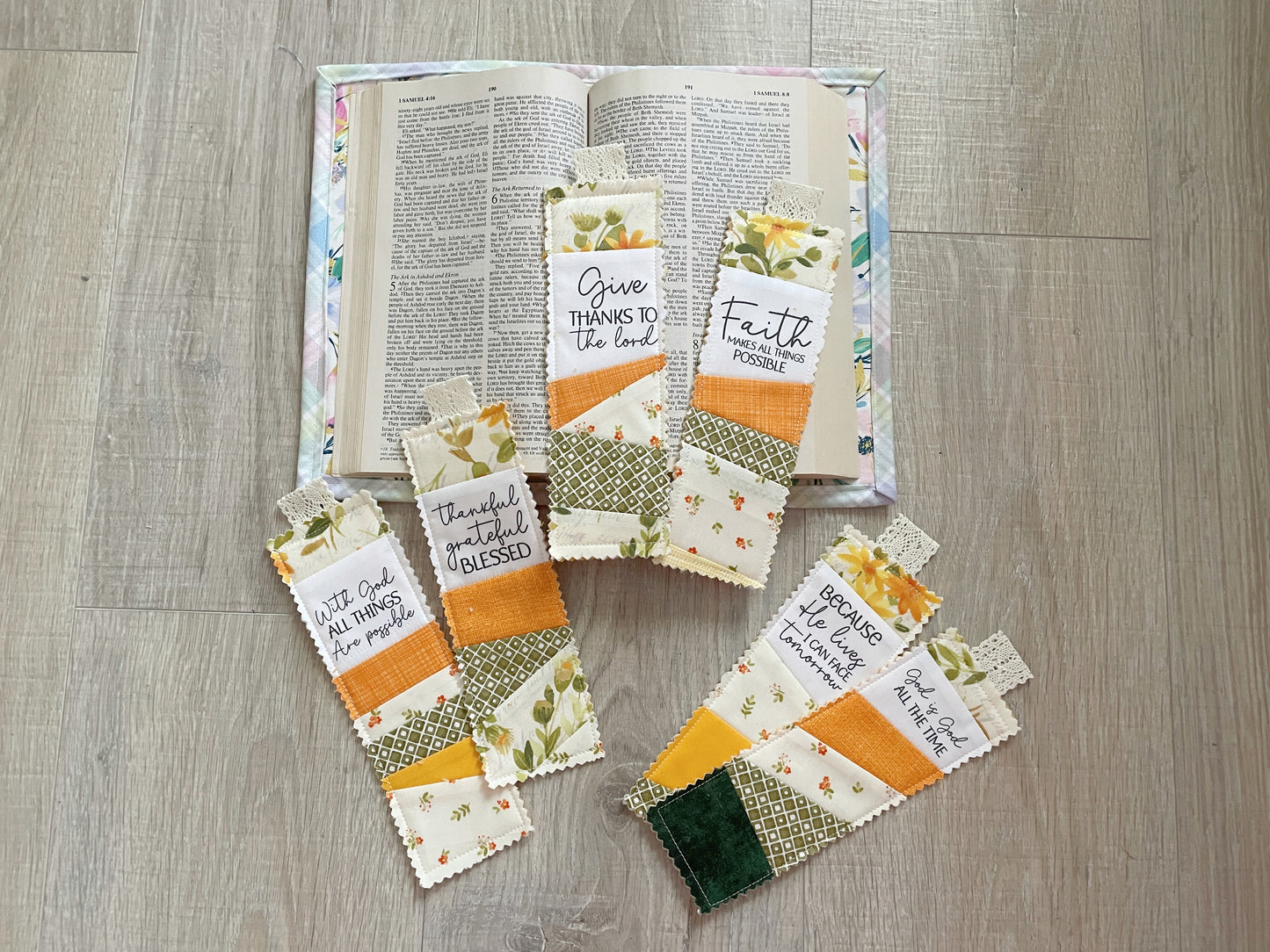 Faith‑Inspired Quilted Bookmark Set – 6 Handmade Pieces in Cream & Gold Tones