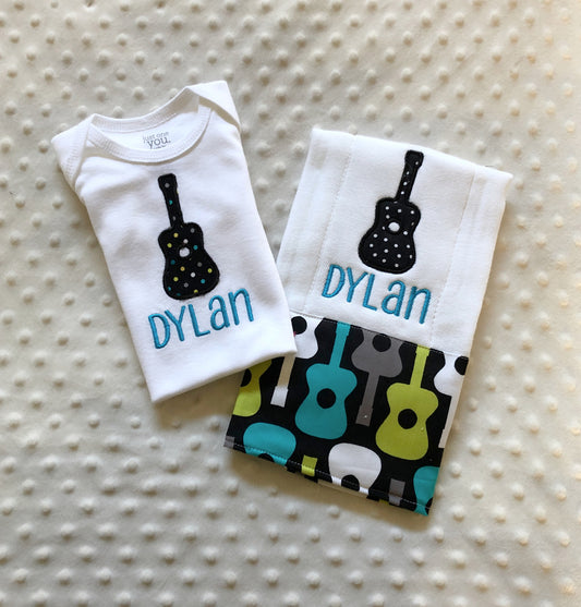 Customized Baby Boy Gift Set: Guitar Theme Bodysuit and Burp Cloth