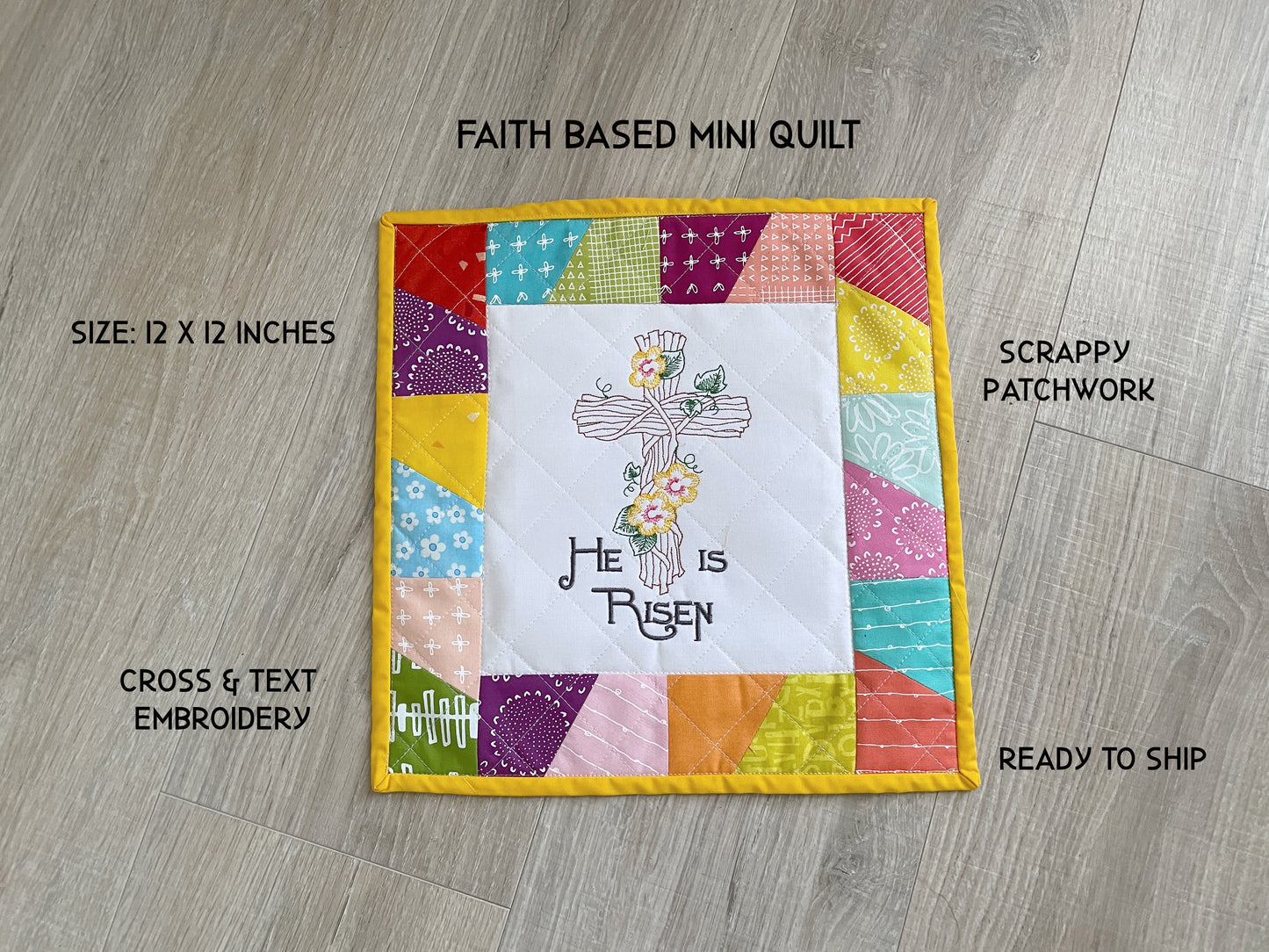 Handmade Easter Mini Quilt - He Is Risen Christian Wall Art