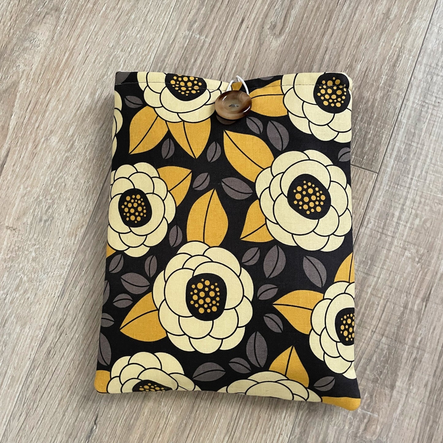 Modern Book Sleeve with Elegant Gray and Yellow Floral Design, Closure & Pocket