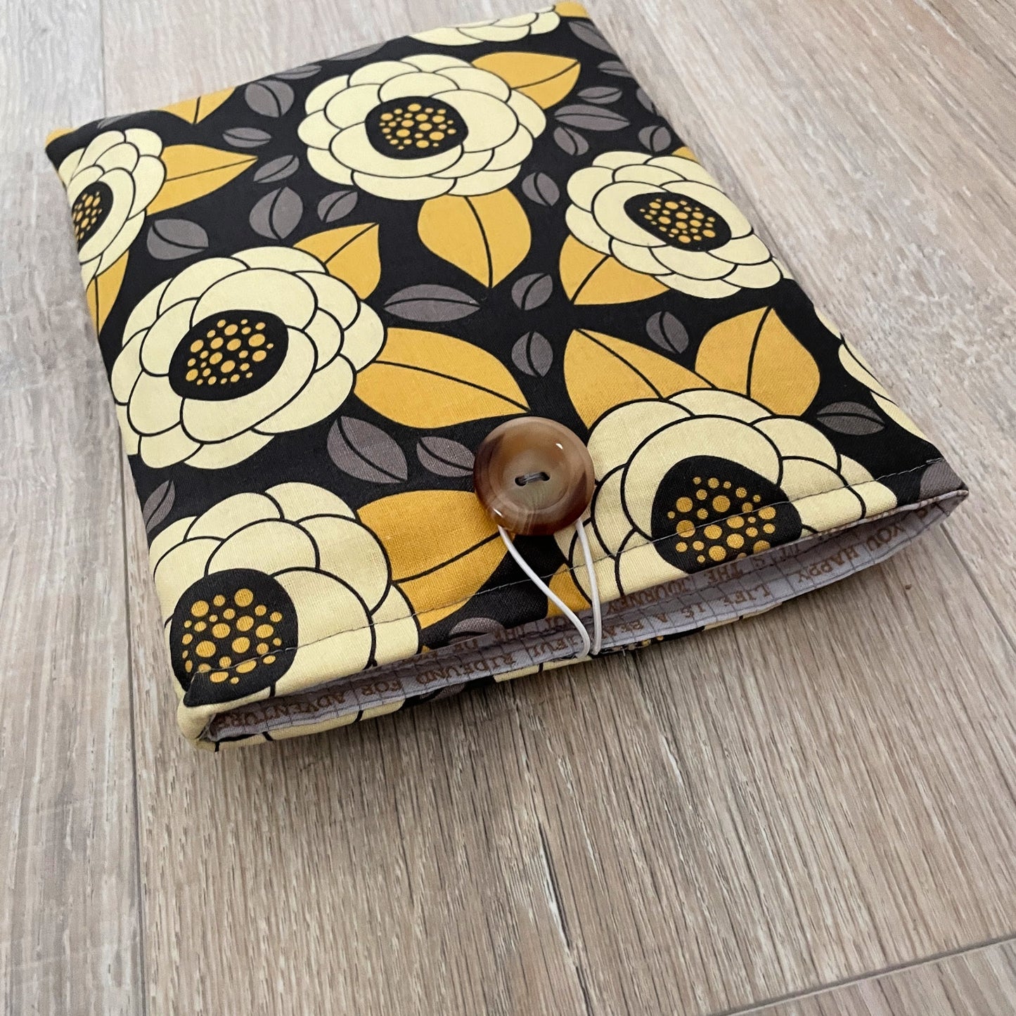 Modern Book Sleeve with Elegant Gray and Yellow Floral Design, Closure & Pocket