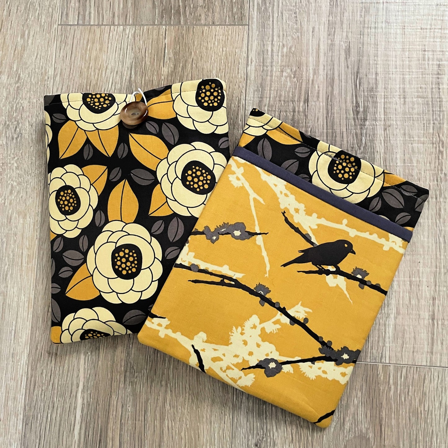 Modern Book Sleeve with Elegant Gray and Yellow Floral Design, Closure & Pocket