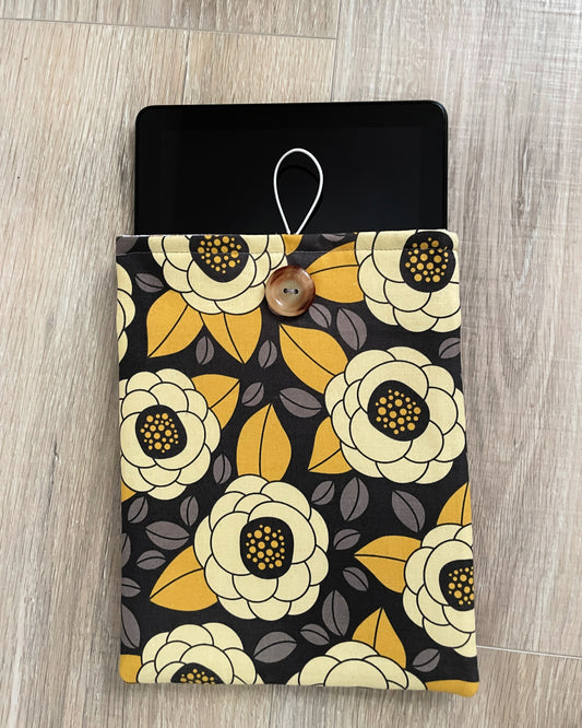 Modern Book Sleeve with Elegant Gray and Yellow Floral Design, Closure & Pocket