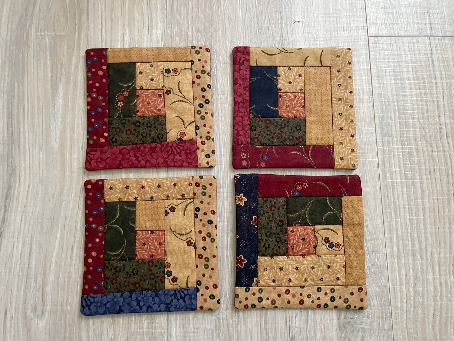 Quilted Fabric Coasters, Set of 4 Handmade Drink Mats with Holder