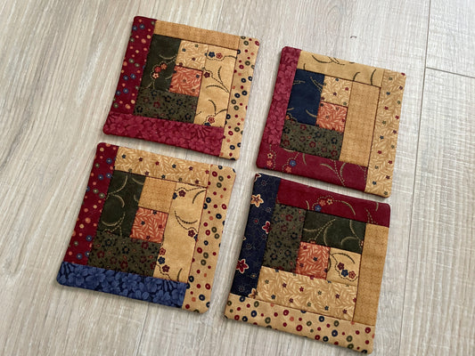 Quilted Fabric Coasters, Set of 4 Handmade Drink Mats with Holder