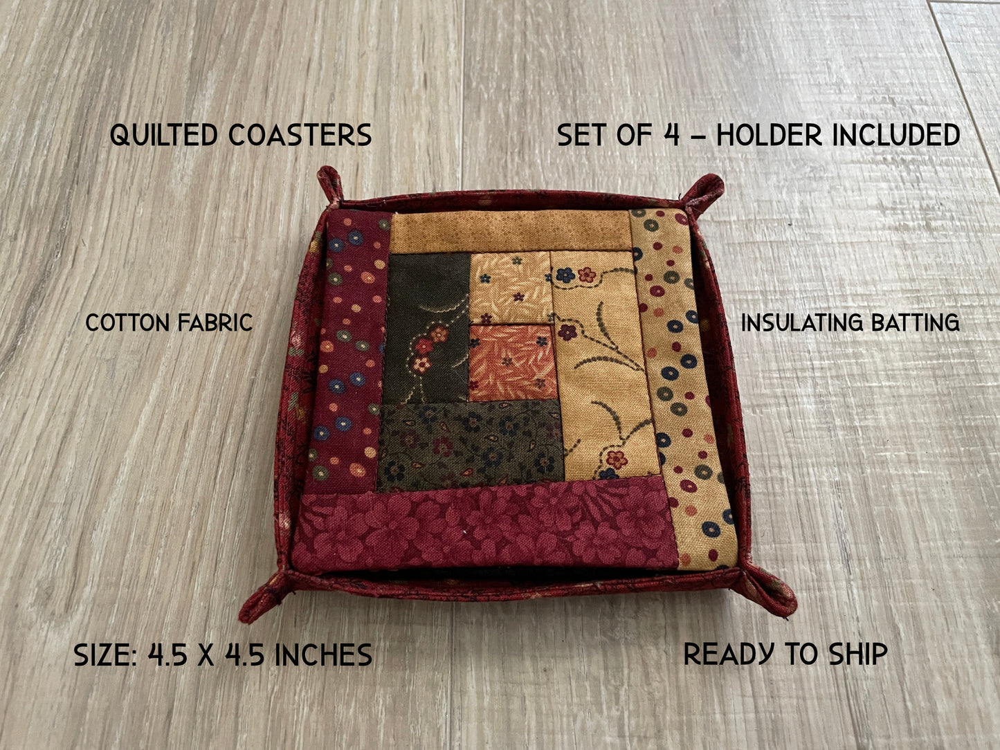 Quilted Fabric Coasters, Set of 4 Handmade Drink Mats with Holder