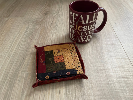 Quilted Fabric Coasters, Set of 4 Handmade Drink Mats with Holder