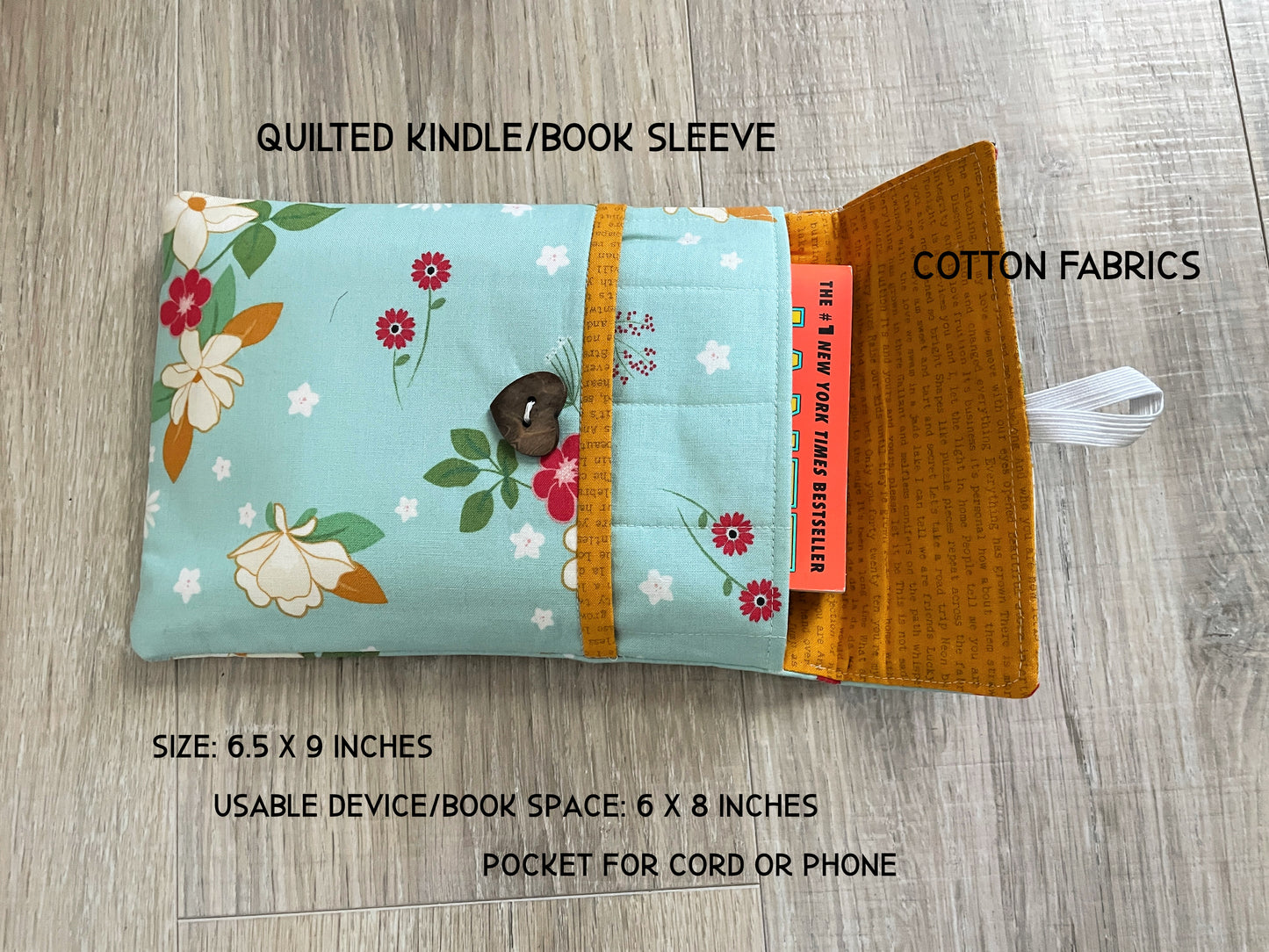 Handmade Quilted Kindle & Book Sleeve with Pocket – Blue or Pink Floral
