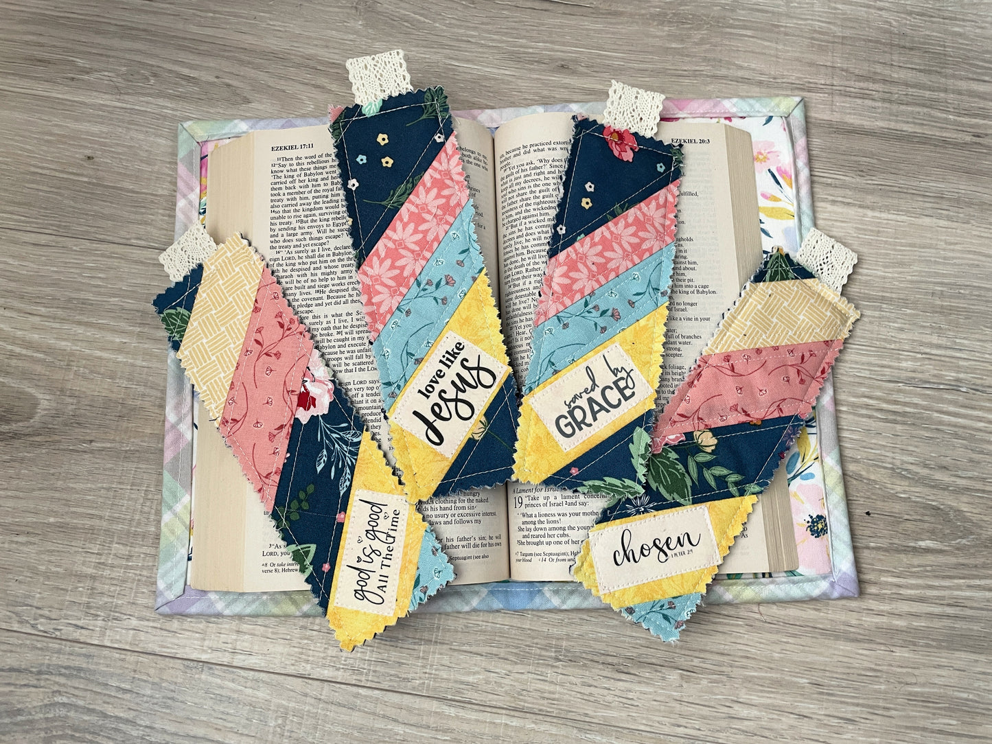 Handmade Quilted Scripture Bookmark Set – Scrappy Fabric with Stamped Bible Verses