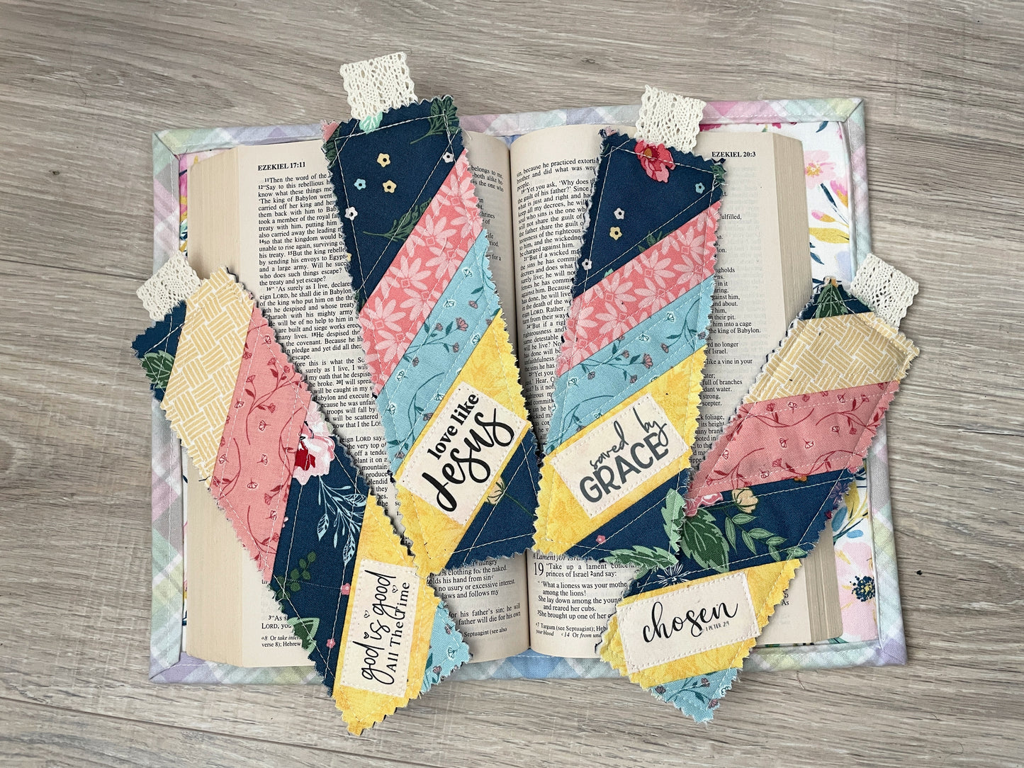 Handmade Quilted Scripture Bookmark Set – Scrappy Fabric with Stamped Bible Verses
