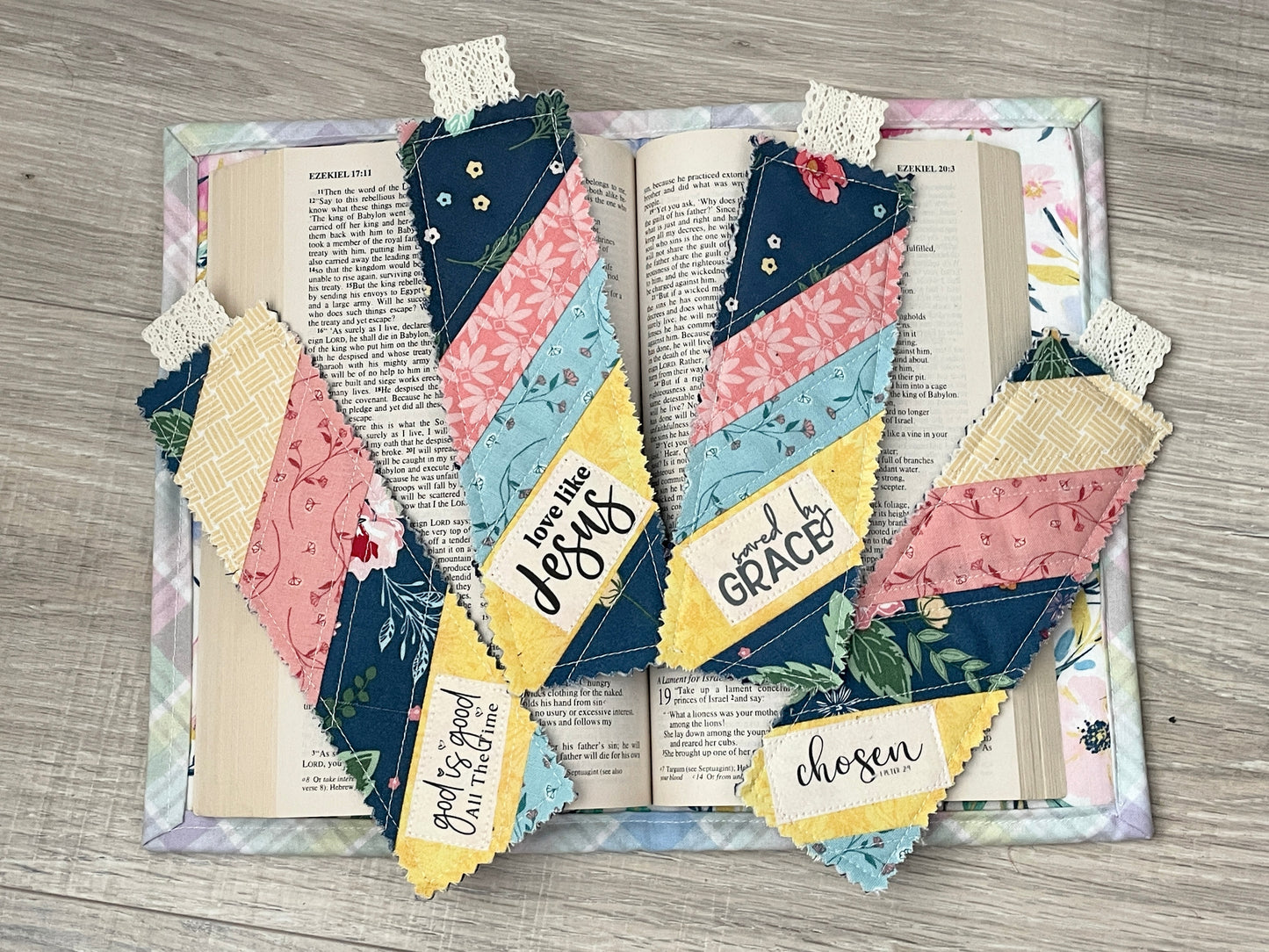 Handmade Quilted Scripture Bookmark Set – Scrappy Fabric with Stamped Bible Verses
