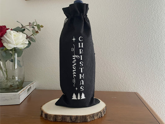 Merry Christmas Burlap Wine Gift Bag with Tag