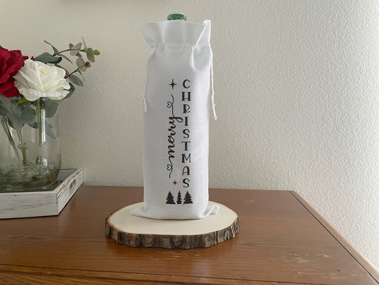 Merry Christmas Burlap Wine Gift Bag with Tag