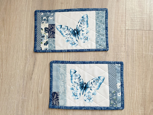 Blue and White Mug Rug, Butterfly Chinoiserie, Coastal Cottage Quilted Decor
