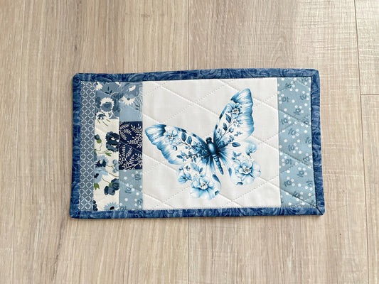 Blue and White Mug Rug, Butterfly Chinoiserie, Coastal Cottage Quilted Decor